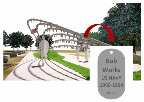 Structure with oversized dog tags to recognize the service details of each veteran
